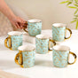 Matte Mint Gold Floral Coffee Cup Set of 6 350ml- Tea cups, tea cup set, ceramic tea cups, tea cup set of 6