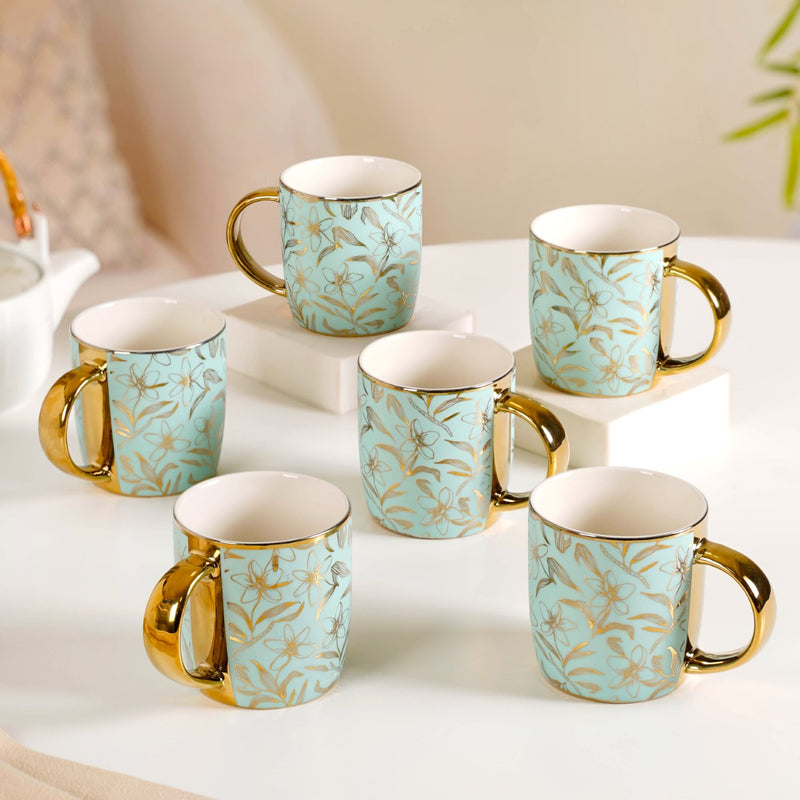 Matte Mint Gold Floral Coffee Cup Set of 6 350ml- Tea cups, tea cup set, ceramic tea cups, tea cup set of 6