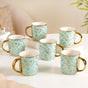 Matte Mint Gold Floral Coffee Cup Set of 6 350ml- Tea cups, tea cup set, ceramic tea cups, tea cup set of 6