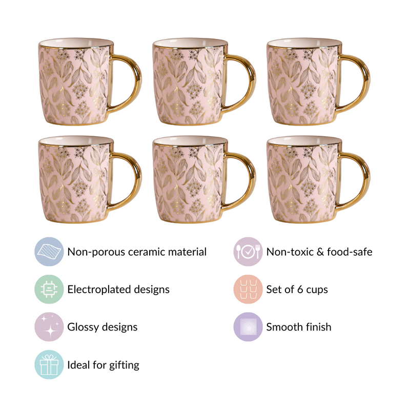 Luxe Ceramic Floral Teacup Set of 6 Pink Gold 350ml- Tea cups, tea cup set, ceramic tea cups, tea cup set of 6