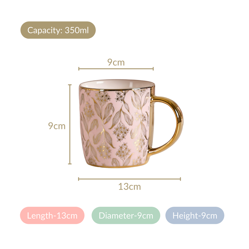 Luxe Ceramic Floral Teacup Set of 6 Pink Gold 350ml- Tea cups, tea cup set, ceramic tea cups, tea cup set of 6