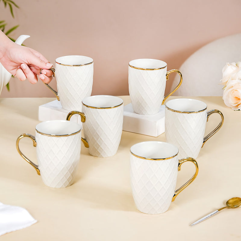 Diamond Embossed Mug Set of 6 330ml - Coffee mugs, coffee mug set, ceramic coffee mugs, tea cup set, tea cups, tea cup set of 6