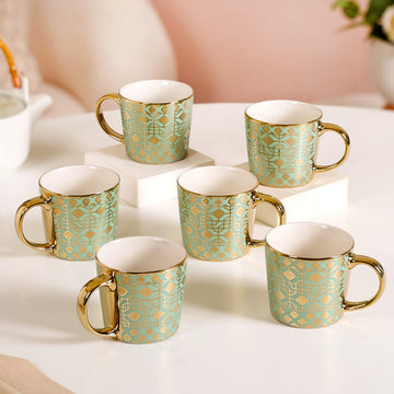 Emirati Gold Tea Cup Set of 6 Green 280ml- Tea cups, tea cup set, tea cup set of 6, ceramic tea cups