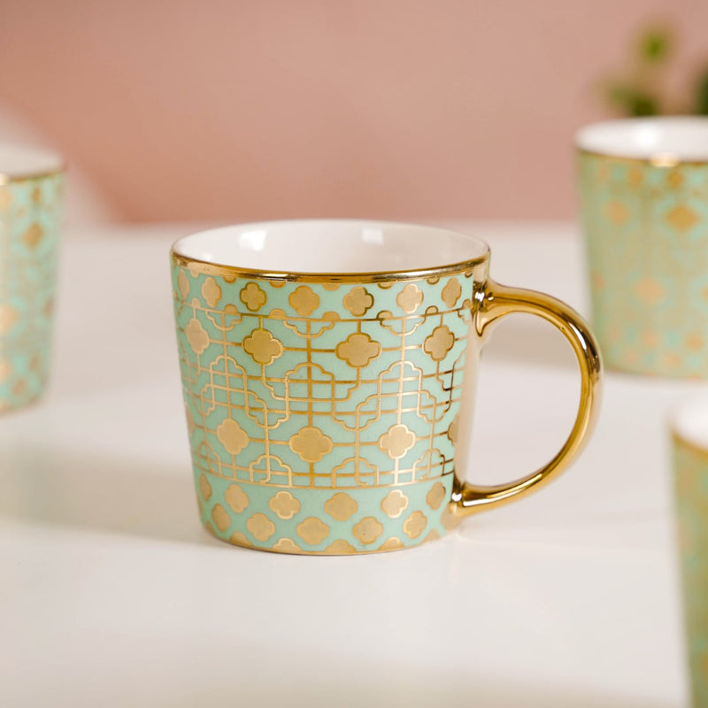 Emirati Gold Tea Cup Set of 6 Green 280ml- Tea cups, tea cup set, tea cup set of 6, ceramic tea cups