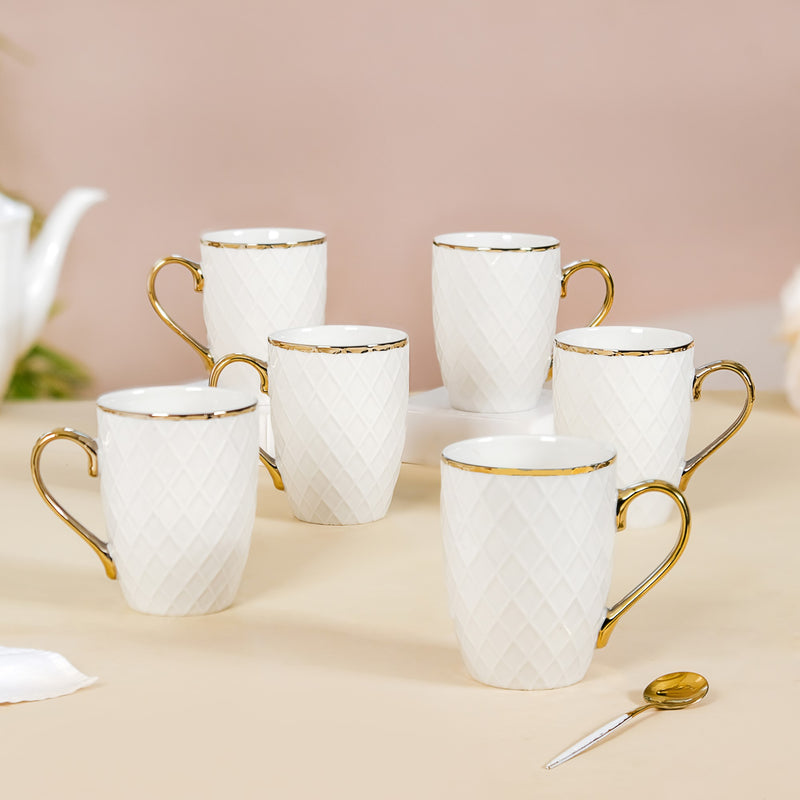 Diamond Embossed Mug Set of 6 330ml - Coffee mugs, coffee mug set, ceramic coffee mugs, tea cup set, tea cups, tea cup set of 6