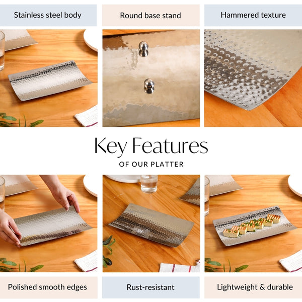 Curved Stainless Steel Hammered Food Platter 25x15cm