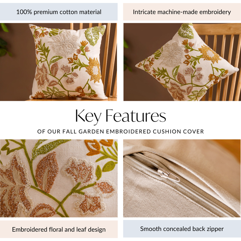 Fall Garden Embroidered Cushion Cover 16x16 Inch