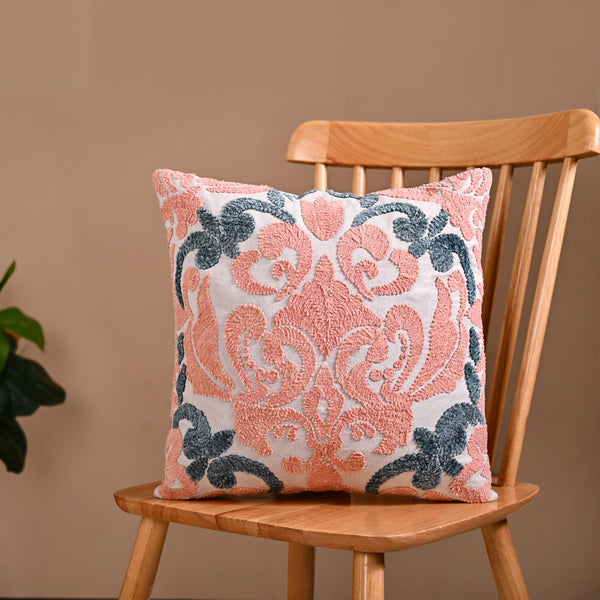 Embroidered Peach Teal Cushion Cover 40x40 cm