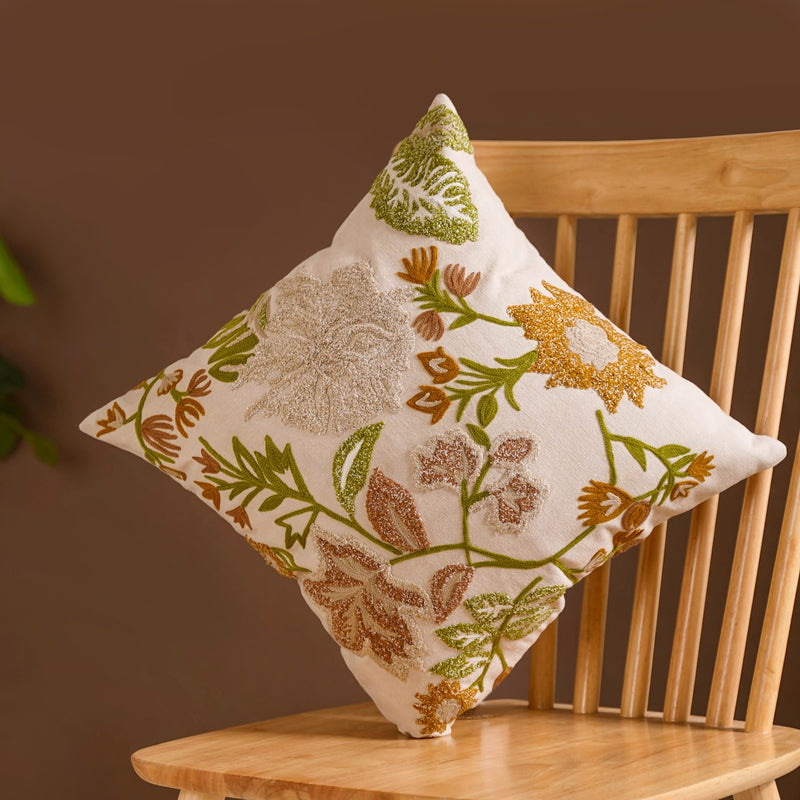 Fall Garden Embroidered Cushion Cover 16x16 Inch