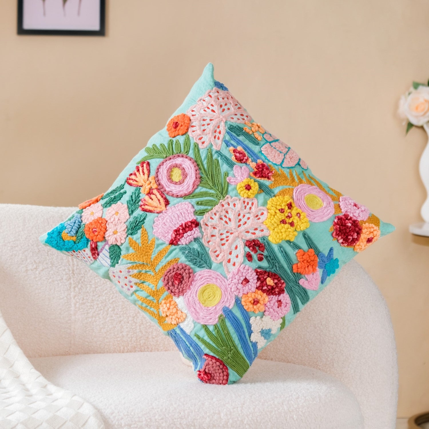 Aqua Embroidered Cushion Cover Multicolour 16x16 Inch