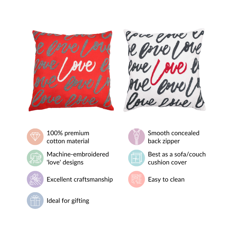Embroidered Love Cotton Cushion Cover Set Of 2 16x16 Inch