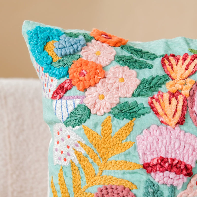 Floral Forest Embroidered Cushion Cover Multicolour 16x16 Inch