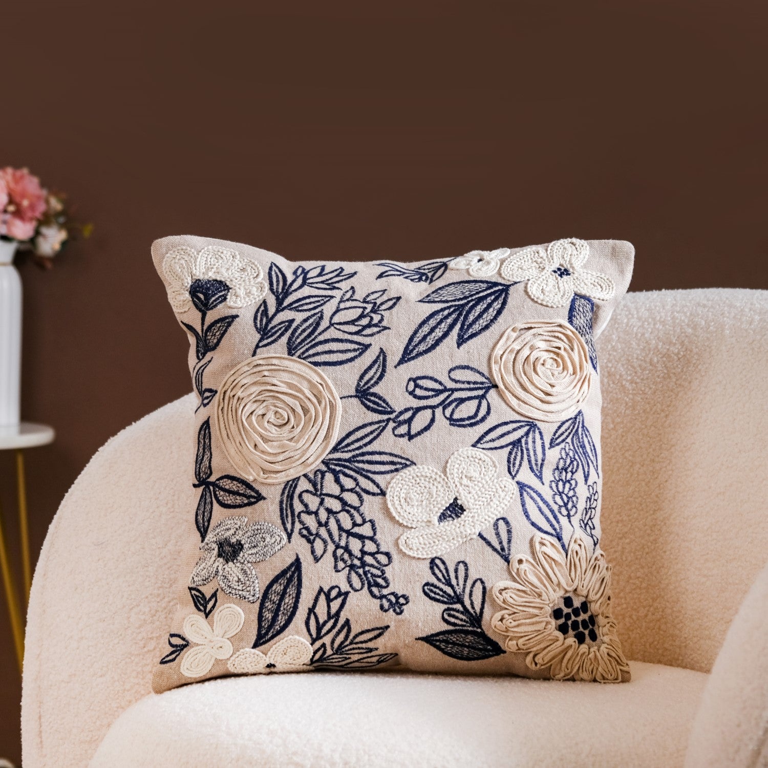 Ribbon Flower Embroidery Sofa Cushion Cover 16x16 Inch Online Premium Cushion Cover Nestasia