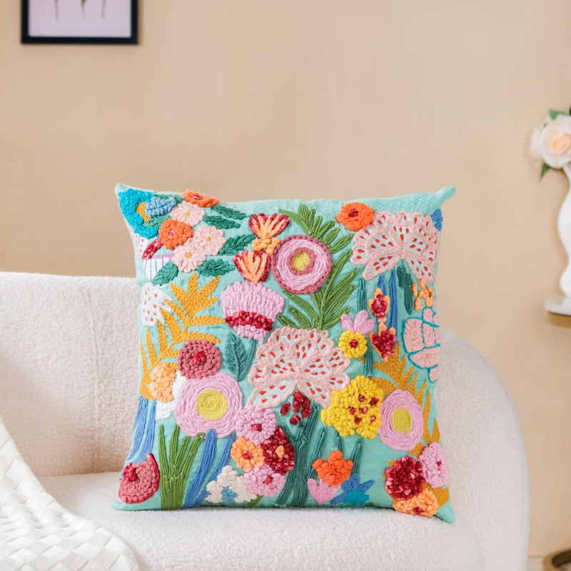 Floral Forest Embroidered Cushion Cover Multicolour 16x16 Inch
