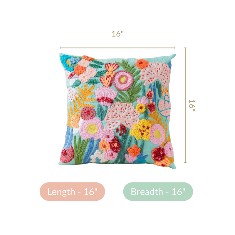 Floral Forest Embroidered Cushion Cover Multicolour 16x16 Inch
