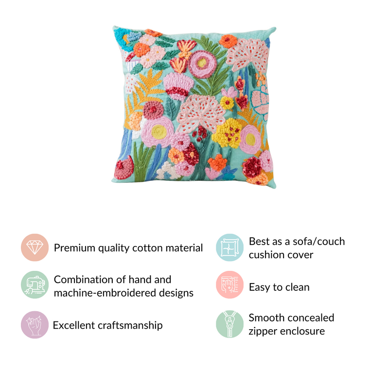 Floral Forest Embroidered Cushion Cover Multicolour 16x16 Inch