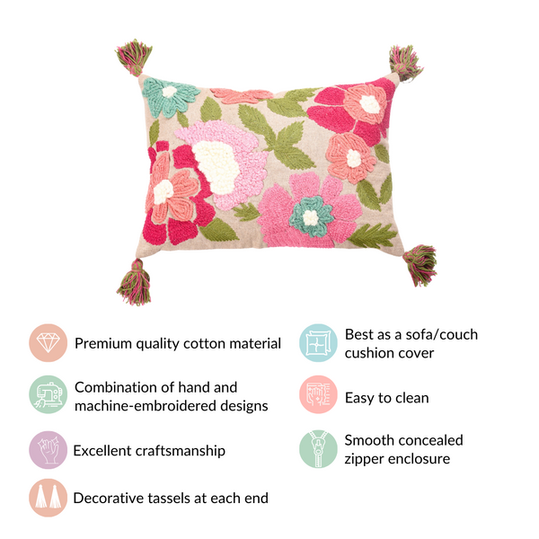 Spring Saga Embroidered Cushion Cover 20x14 Inch