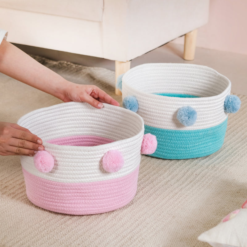 Cute Pink And Mint Pom Pom Baskets Set Of 2