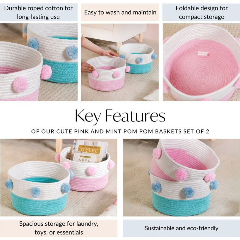 Cute Pink And Mint Pom Pom Baskets Set Of 2
