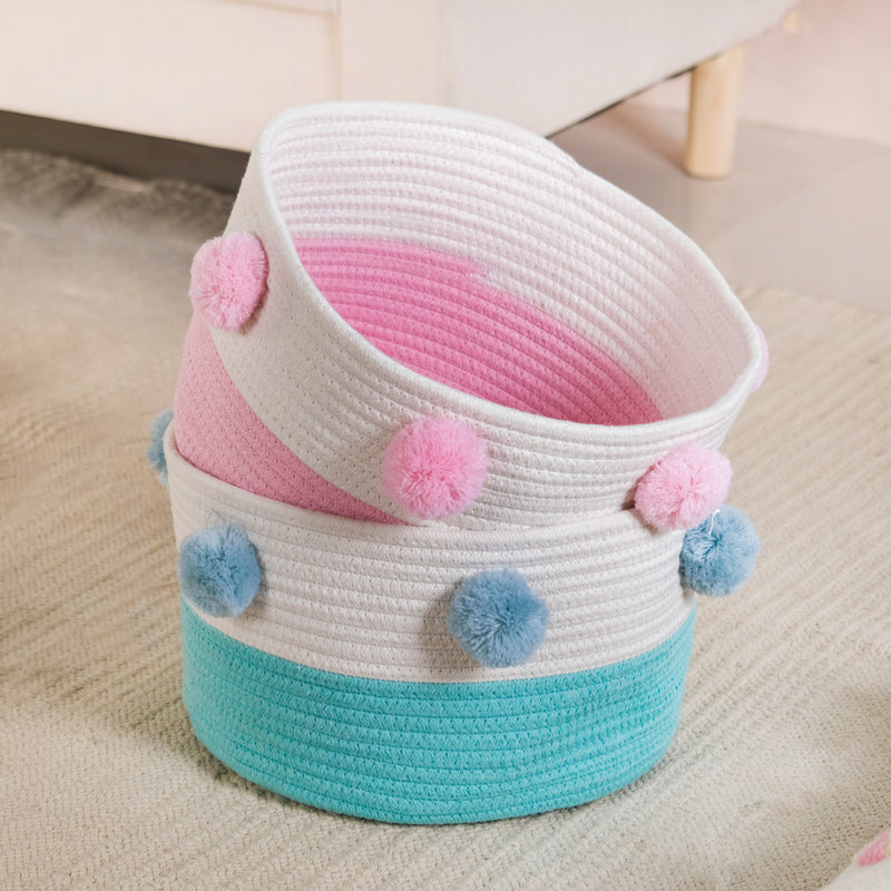 Cute Pink And Mint Pom Pom Baskets Set Of 2