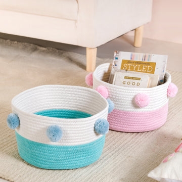 Cute Pink And Mint Pom Pom Baskets Set Of 2