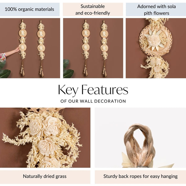 All Natural Wall Hanging With Sola Flowers And Dried Grass Set Of 2