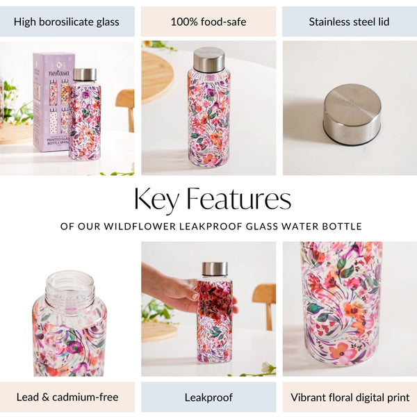 Wildflower Leakproof Glass Water Bottle 500ml