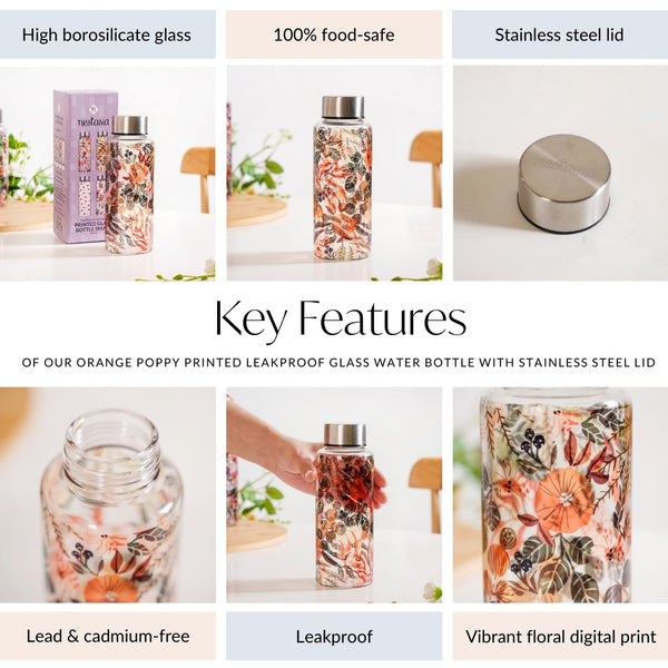 Orange Poppy Printed Leakproof Glass Water Bottle With Stainless Steel Lid 500ml