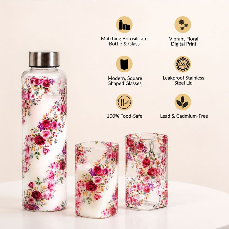 Rose Glass Bottle And Tumbler Set Of 3 In Gift Box