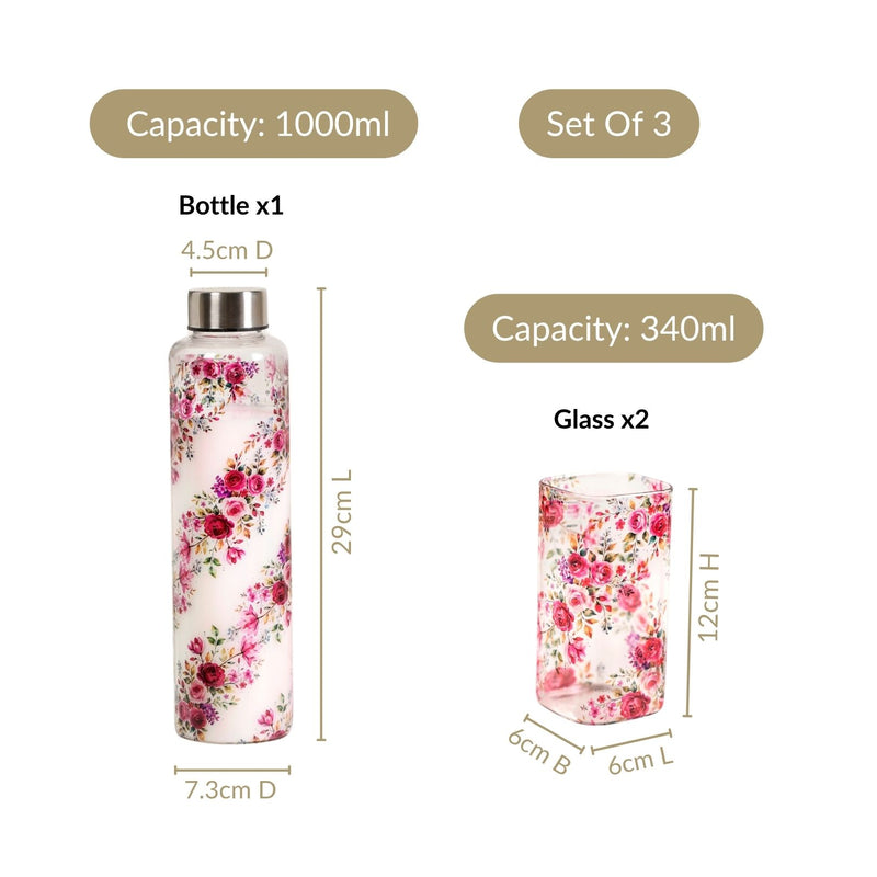 Rose Glass Bottle And Tumbler Set Of 3 In Gift Box