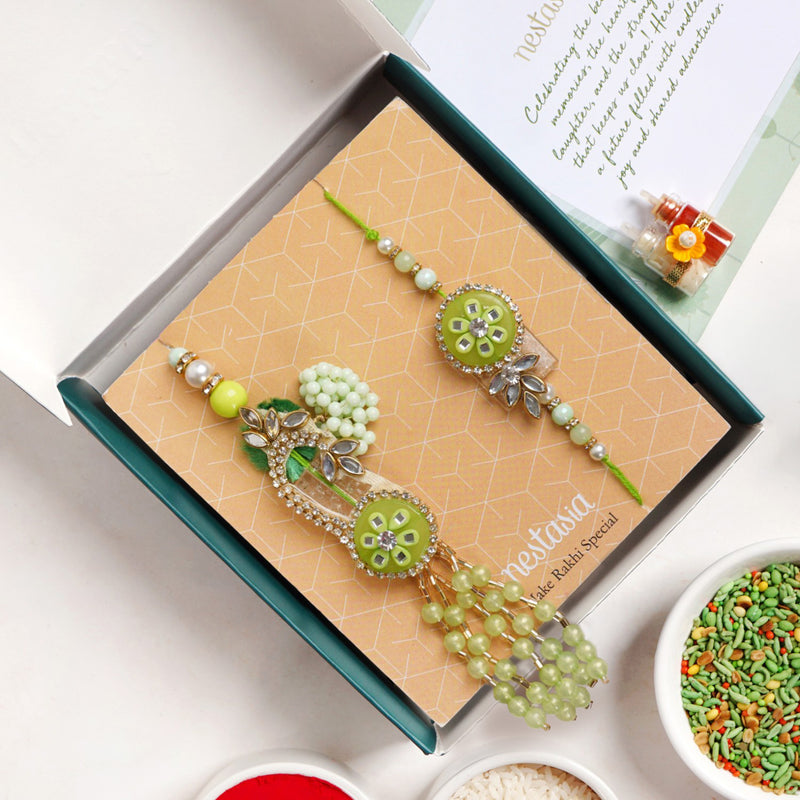 Kundan And Mirror Work Green Rakhi Lumba Set
