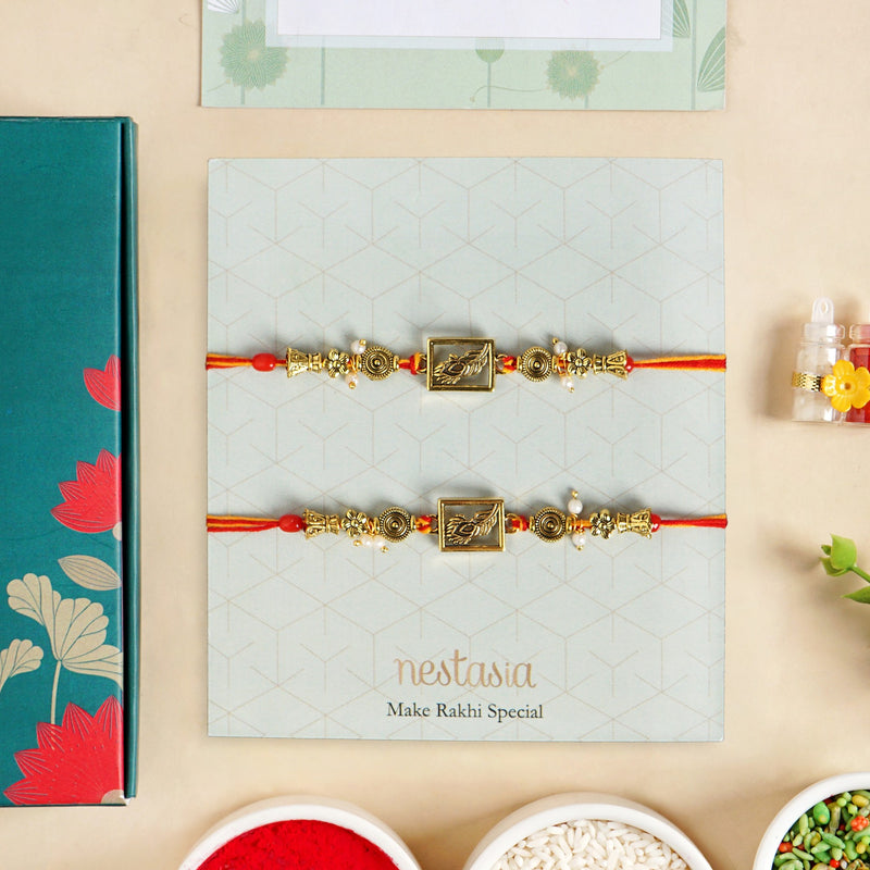 Beaded Two Mor Pankh Rakhis Gift Set Of 4 With Box And Card