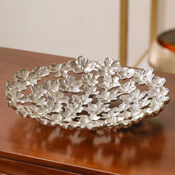 Floral Serving Platter Tray Silver