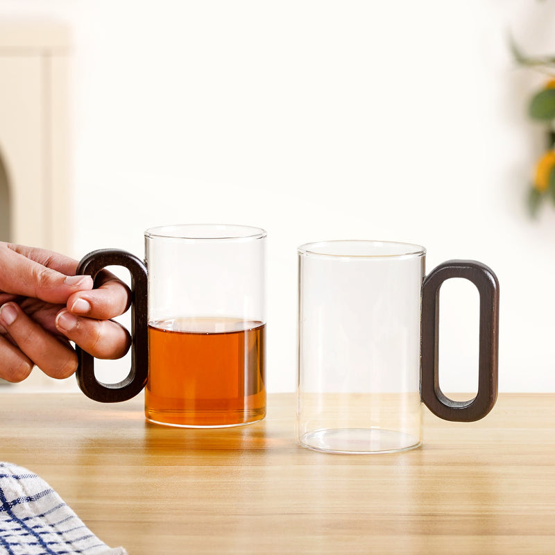Classic Tea Coffee Mug With Wooden Handle Set Of 2 300ml