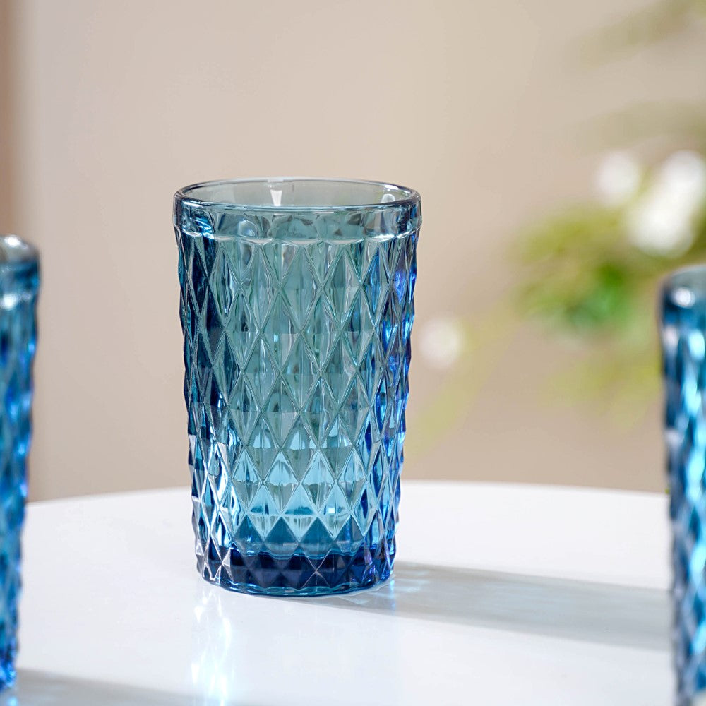 Embossed Glass Tumbler with Straw, Blue