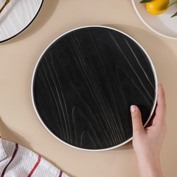 Ceramic Wooden Texture Round Platter Black 9.5 Inch - Ceramic platter, serving platter, fruit platter | Plates for dining table & home decor