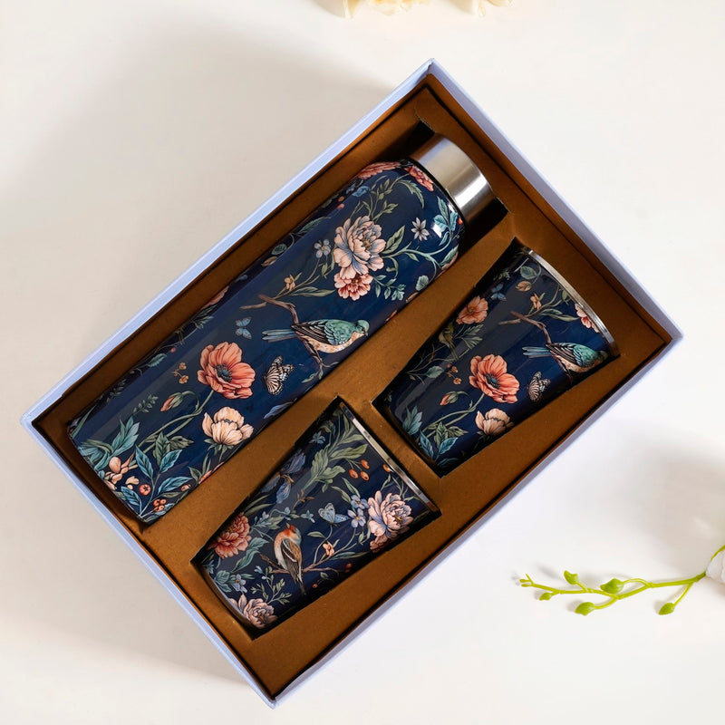 Floral Printed Stainless Steel Bottle And Tumbler Gift Set Of 3