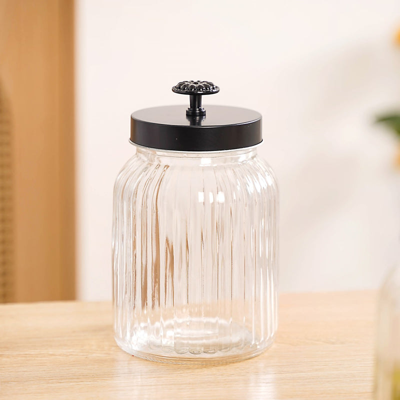 Luxe Fluted Jar With Flower Accent Lid Set Of 4 Matte Black 1000ml