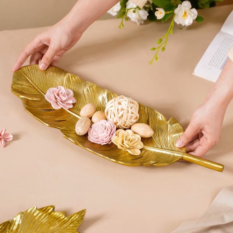 Feather Decorative Platter Tray Gold 18 Inch