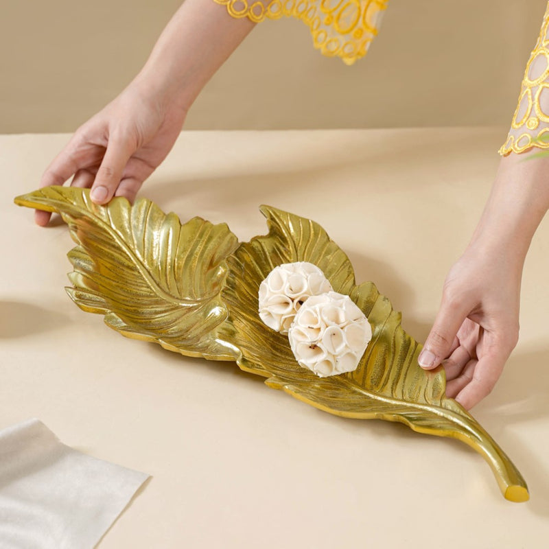 Leaf Platter For Table Decor Gold 20 Inch - Ceramic platter, serving platter, fruit platter | Plates for dining table & home decor