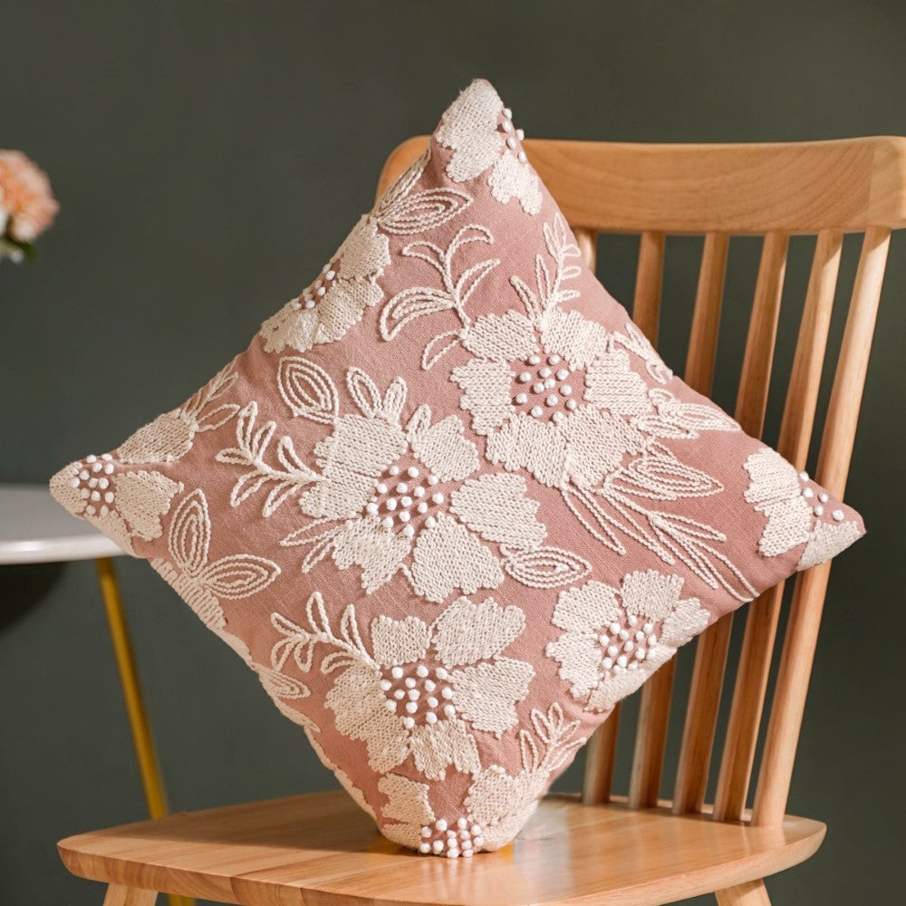 Fiore Embroidered Cushion Cover Pink 16x16 Inch Nestasia