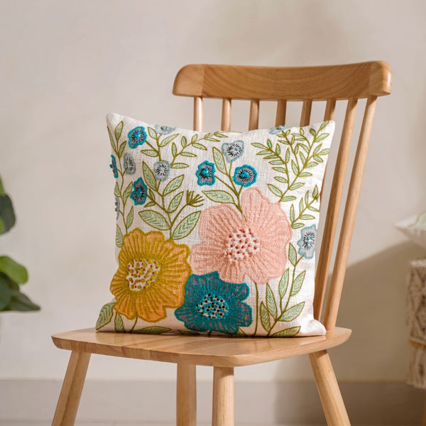 Serene Floral Embroidered Sofa Cushion Cover 16x16 Inch
