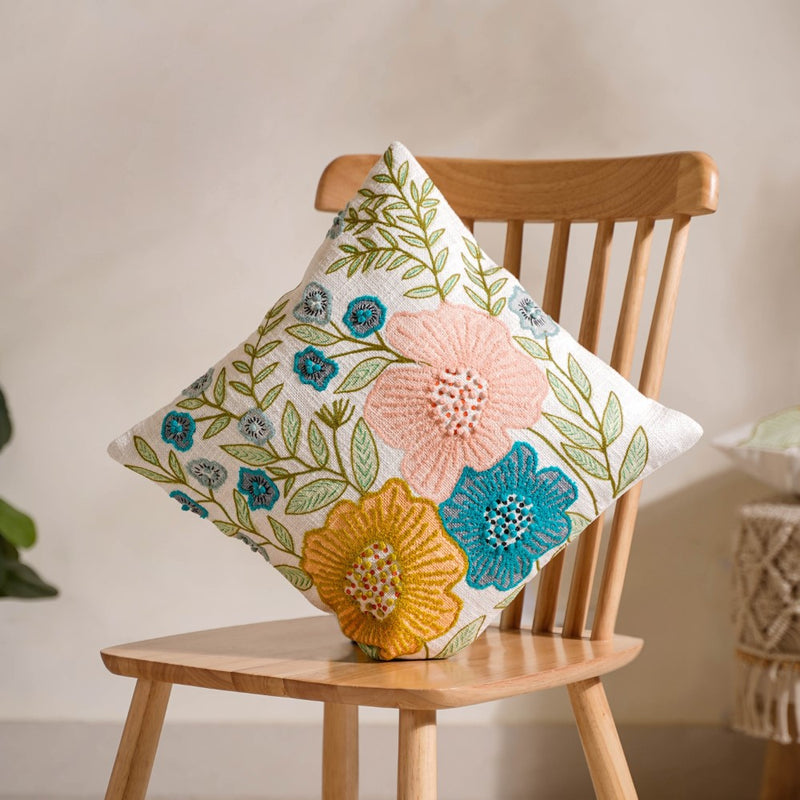 Serene Floral Embroidered Sofa Cushion Cover 16x16 Inch