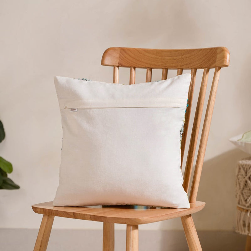 Colourful Floral Embroidered Cotton Cushion Cover 16x16 Inch