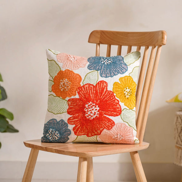 Colourful Floral Embroidered Cotton Cushion Cover 16x16 Inch
