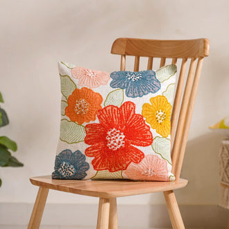 Colourful Floral Embroidered Cotton Cushion Cover 16x16 Inch