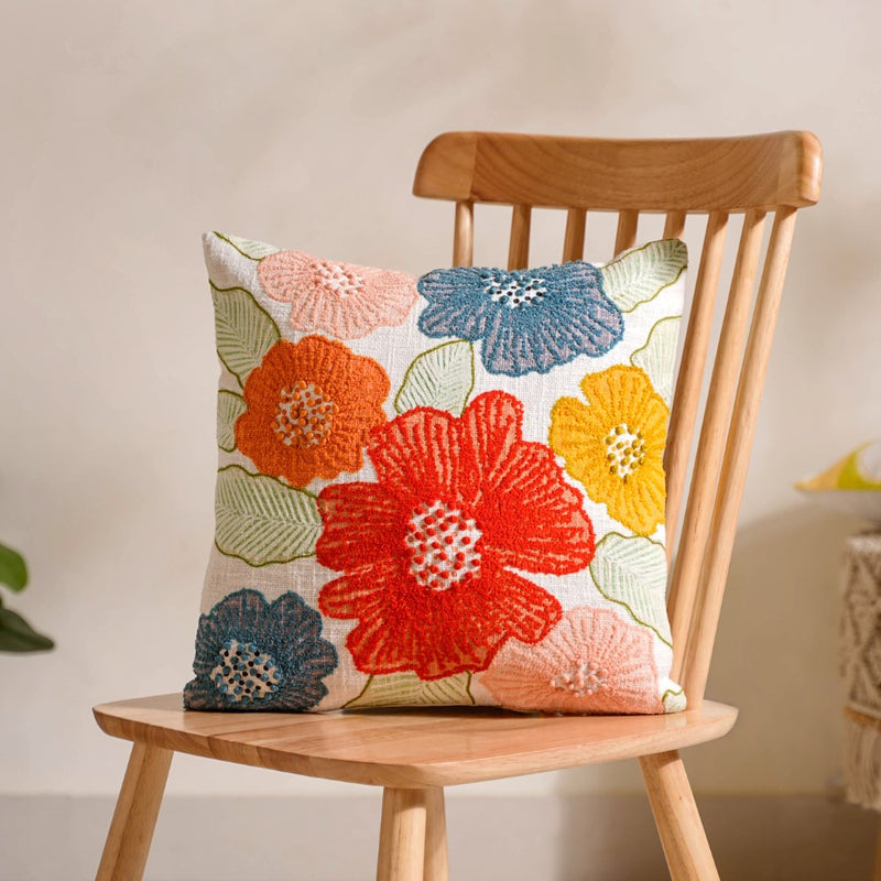 Colourful Floral Embroidered Cotton Cushion Cover 16x16 Inch