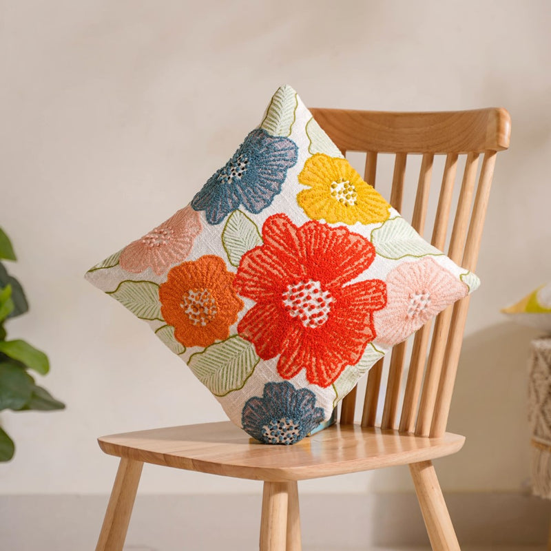 Colourful Floral Embroidered Cotton Cushion Cover 16x16 Inch