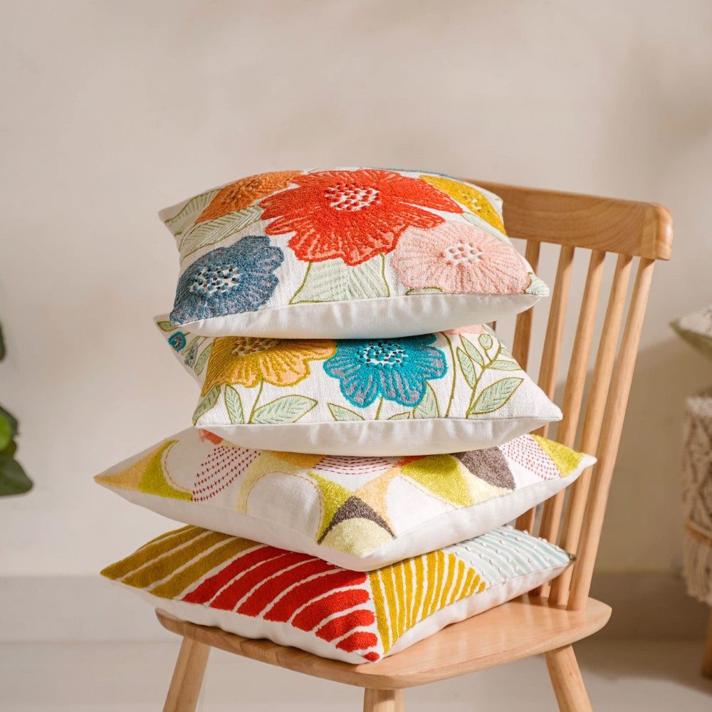Embroidered Cotton Cushion Cover Colourful 16x16 Inch