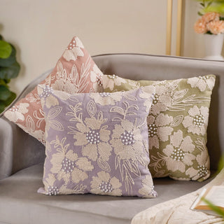 Fiore Embroidered Cotton Cushion Cover Set of 3 16x16 Inch
